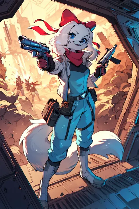 score_9, score_8_up, score_7_up, <lora:Fay_Sinclair_Fay_Spaniel_Star_Fox:1> 1girl, fay, furry, in spaceship, holding, blaster, battlefield, taking cover