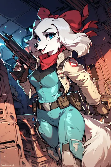 score_9, score_8_up, score_7_up, <lora:Fay_Sinclair_Fay_Spaniel_Star_Fox:1> 1girl, fay, furry, in spaceship, holding, blaster, battlefield, behind cover