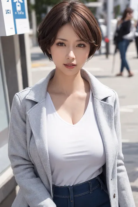 a close up of a woman in a white shirt and a gray jacket