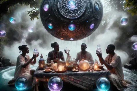 arafed image of a group of people sitting around a table with candles and bubbles