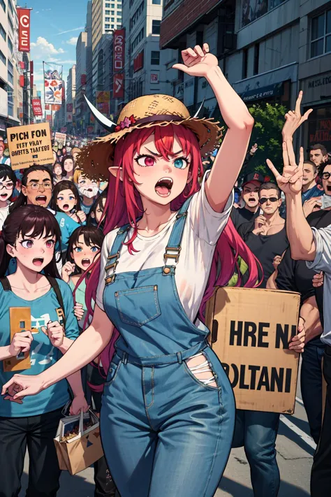 anime girl with red hair and a straw hat holding a sign