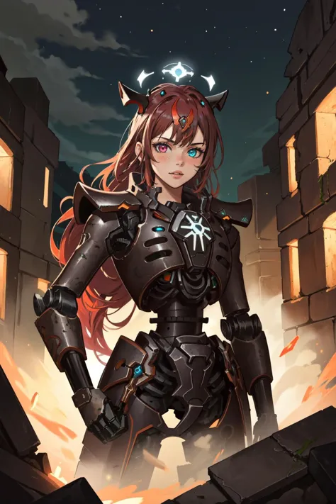 (masterpiece, best quality),  intricate details,
1girl,  <lora:IrysHololive:0.8> IrysHolo, heterochromia, long hair, halo,  
 <lora:necons:0.8> necrons, armor, glowing, robot, ancient city, underground ruins, dark, night,