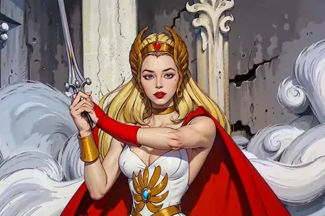 raw photo of a 1girl, (solo:1.3),
1girl, solo, She-ra, long hair, blonde hair, blue eyes, tiara, white dress, choker, red cape, makeup, lipstick, 
breasts, medium breasts, bracer, wristband,
looking at viewer, portrait, 
weapon, sword, cape, parody, Sword ...
