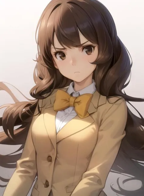 best quality, (masterpiece),(ultra-detailed), (high quality), (high resolution),  1girl, black eyes, bow, bowtie, brown eyes, brown hair, clenched hand, closed mouth, emmy altava, frown, long hair, long sleeves, medium breasts,  , solo, white background, white shirt,yellow jacket,