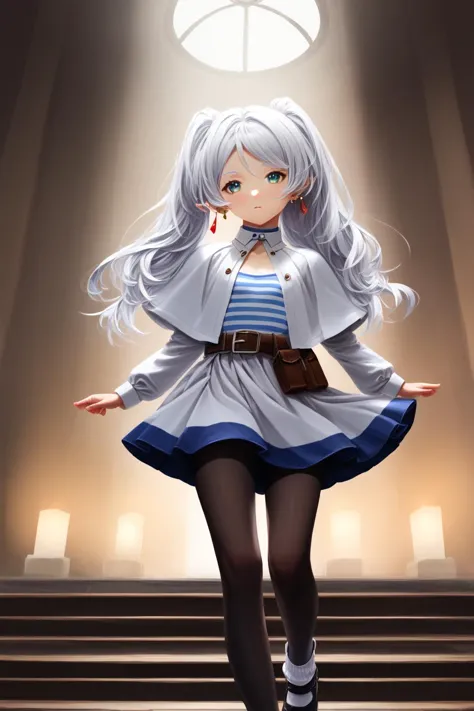 <lora:_sdxl-25D-Style-pony:1.1>  <lora:ChamFrierenPonyXL:1> Frieren,green eyes,white hair,long hair,twintails, earrings,small chest, flat?FrierenBase, white capelet, striped shirt, long sleeves, belt, white skirt, black pantyhose, Score_9, Score_8_up, Score_7_up, Score_6_up, Score_5_up, Score_4_up, BREAK,1girl in full growth, best quality, masterpiece, ultra-detailed, high quality,good quality,1 girl,(master piece,high resolution, ultra detailed,8K,16K),look at viewer