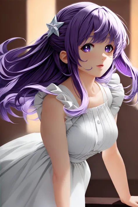 a close up of a woman with purple hair and a dress