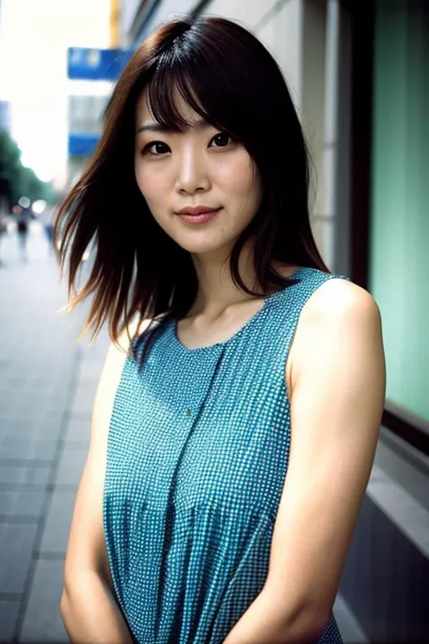 arafed asian woman in blue dress standing on sidewalk in urban area