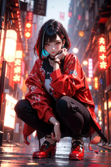 (masterpiece:1.2), best quality,cg,3d, Samurai girl,
1girl, red eyes, earrings, solo, multicolored hair, jewelry, looking at viewer, blurry, full body, bangs, red hair, jacket, squatting, blurry background, choker, short hair, long sleeves, red nails, clos...