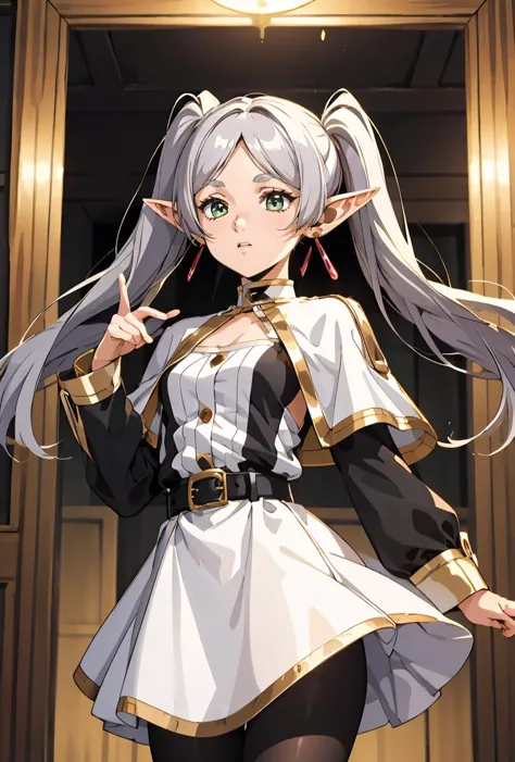 (masterpiece, best quality), 1girl,    <lora:FrierenV2:0.8> Frieren, long hair, twintails, earrings, FrierenBase, long hair, twintails, earrings, white capelet, striped shirt, horizontal stripes, long sleeves, belt, white skirt, gold-trim, black pantyhose,