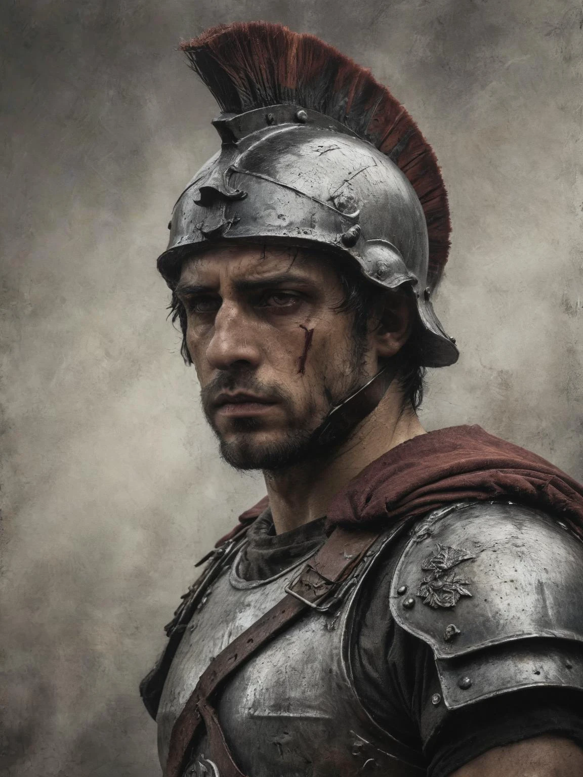 um soldado romano com armadura completa, de pé com uma expressão séria no rosto. no fundo militar , ((Obra de arte)) , ((detalhado)),    