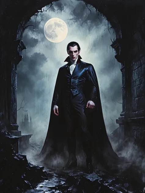 waist and torso, vampire Count Dracula, piercing gaze fixed on the viewer with an aura of regal authority,  Sharp cheekbones and...