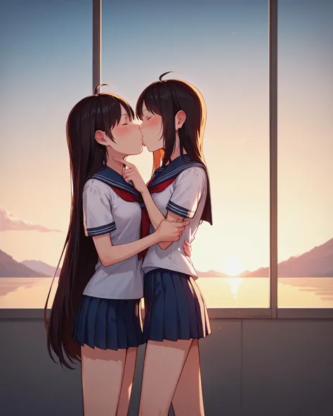 two young women in school uniforms kissing each other in front of a window