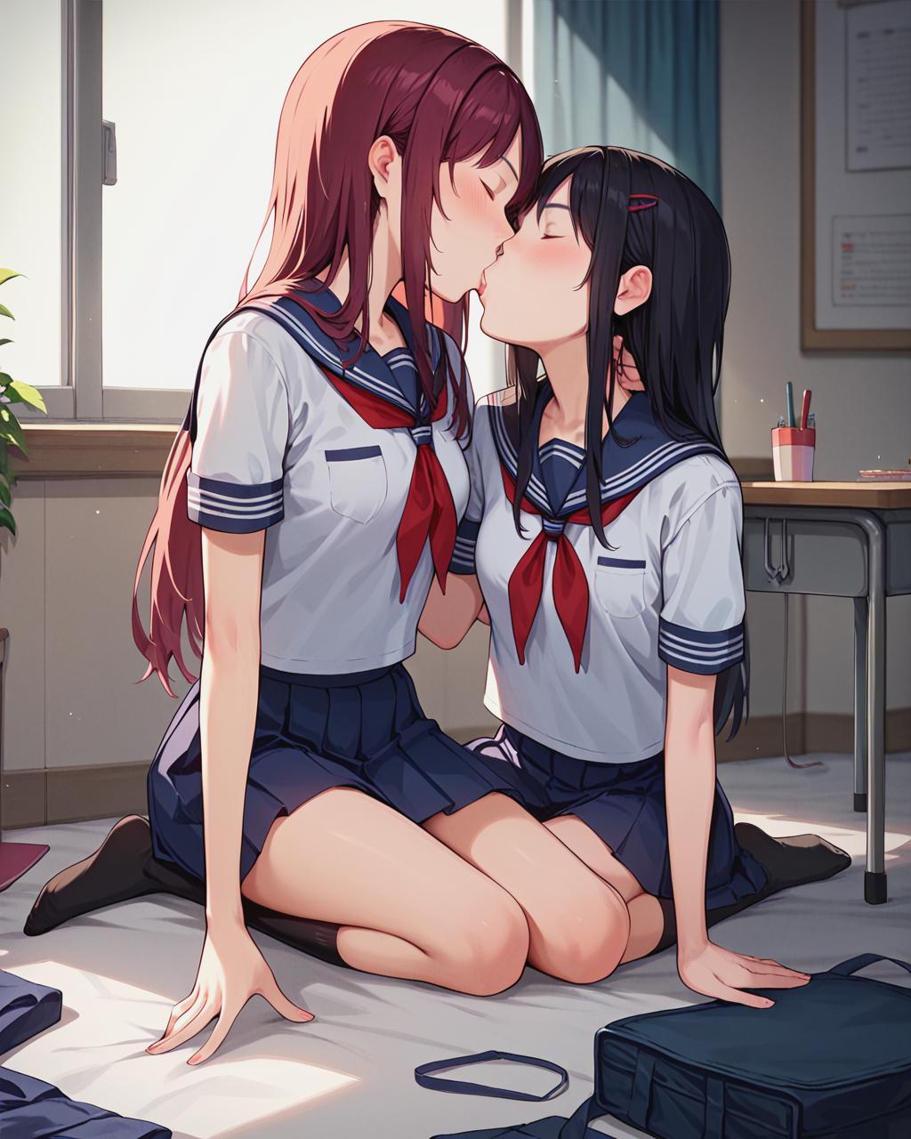 They are two girls in a bedroom, kissing, laying on the bed, passionate  pose - SeaArt AI