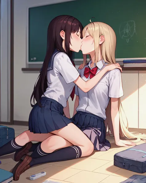 anime image of two girls sitting on the floor kissing