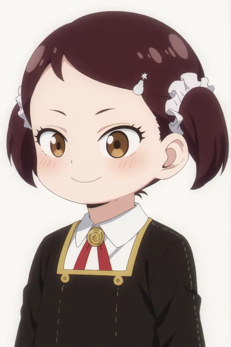 anime girl with brown eyes and a black dress and red tie