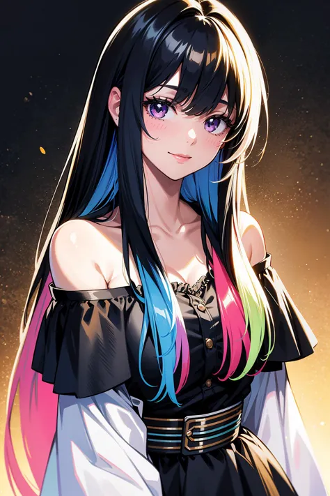 anime girl with long black hair and colorful hair