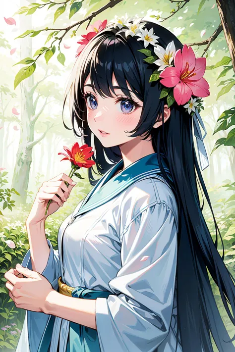 anime girl with long black hair and flower in her hair