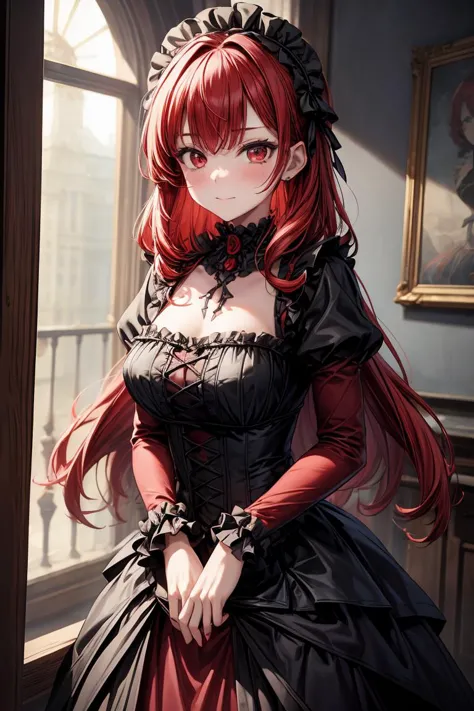 (masterpiece, best quality), 1girl, red hair, medium chest, gothic frill dress, pervert face, <lora:add_detail:1>