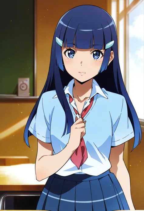 pontuação_9, pontuação_8_acima, pontuação_7_acima,fonte_anime, Sem censura,1 garota,sala de aula,olhando para o observador,uniforme escolar, aoki reika, cabelo azul escuro, hime cut, franja curta, olhos azuis, cabelo longo,grampo de cabelo azul,, Sem censura,mão,