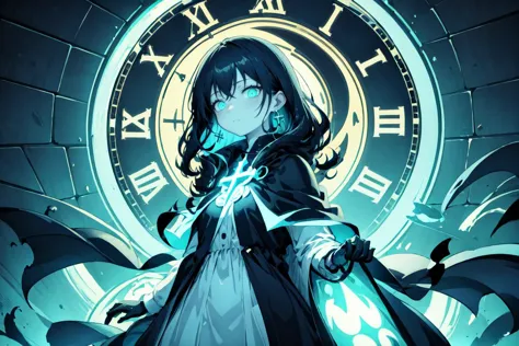 anime girl with long black hair and a black coat standing in front of a clock