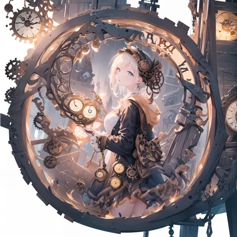masterpiece, (((best quality))), ((highres)), [(white background:1.5)::5],  ray tracing, bokeh, (steampunk:1.5), brown, polluted sky, (gothic building), (((giant clock right behind the character))), 1girl, (((solo))), from side,  (((looking at viewer))), hiten1, 