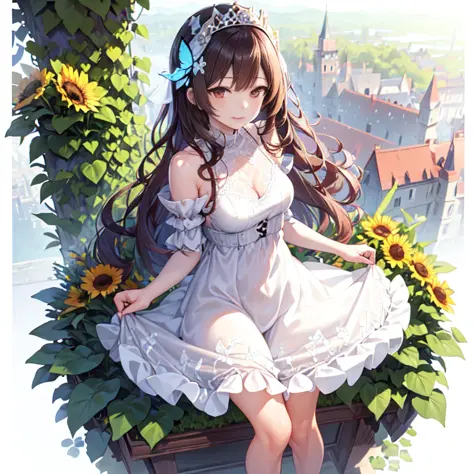 masterpiece, best quality, detailed, [(white background:1.5)::5], hexagon, 1 girl, mid shot, full body, detailed faces, standing, sun light, blue sky, garden, castle, glass, sunflower, smile, tiara, <lora:gachaSplashLORA_gachaSplashFarShot:0.25>,  <lora:HonkaiImpactSeeleWhite5concepts_10:0.2>,  <lora:oousoStyle_v10:0.2>,  <lora:skadi_v1:0.25>, white panties, lift dress, brown hair, long hair, butterfly, (((white lace dress))), ((view from top)),