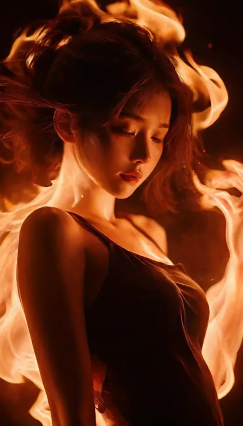 a close up of a woman with a fire in her hand