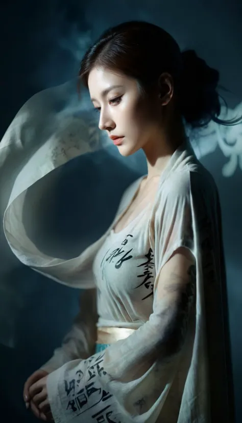 Double Exposure Style,Volumetric Lighting,a girl with Wrap top,arching her back,Traditional Attire,Artistic Calligraphy and Ink,light depth,dramatic atmospheric lighting,Volumetric Lighting,double image ghost effect,image combination,double exposure style,