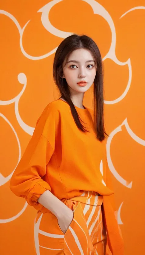 orange clothes,abstract background,vibrant colors,modern style,artistic,dynamic composition,unique patterns,bold textures,colorful,imaginative,whimsical,lively,youthful,playful,energetic,creative,expressive,stylish,trendy,1girl,