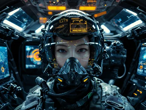 from front, A female jet fighter pilot from the future wearing a pilot helmet with LED interactive screen and HUD heads-up displ...