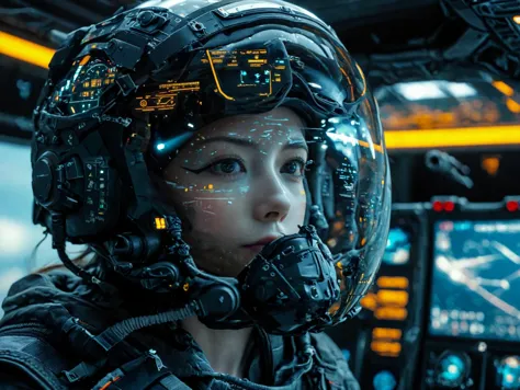 from front, A female jet fighter pilot from the future wearing a pilot helmet with LED interactive screen and HUD heads-up displ...