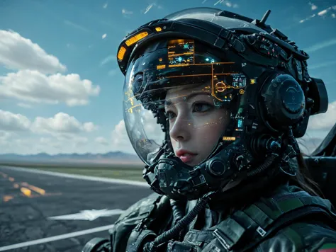 from front, A female jet fighter pilot from the future wearing a pilot helmet with LED interactive screen and HUD heads-up displ...