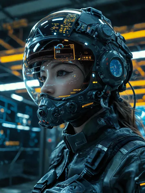 1girl, (beautiful face), female jet fighter pilot, holding a pilot helmet with LED interactive screen and HUD heads-up display o...