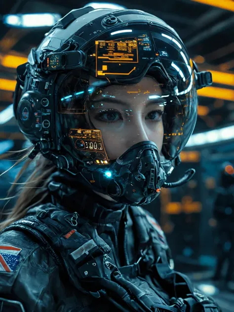 1girl, (beautiful face), female jet fighter pilot, holding a pilot helmet with LED interactive screen and HUD heads-up display o...