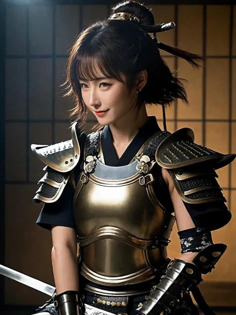 1girl, (Japanese sexy idol:1.2), perky breasts, cute, pretty, athlete, (wavy hair), bangs, smile, slim body, thigh, hair accessories, necklace, earrings, holding a katana, professional lighting, realistic shadow, (Ancient Japanese samurai luxury short armor and helmet:1.6), Japanese traditional Japanese room, (upper thighs shot:1.3),
award winning, perfect body shape, (natural skin texture, hyperrealism, sharp focus), stunning, exquisite, gorgeous, dynamic pose, exquisite details and textures, wide angle view,