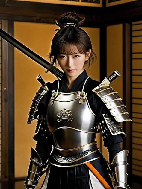 1girl, (Japanese idol:1.2), perky breasts, cute, pretty, athlete, (wavy hair), bangs, smile, slim body, thigh, hair accessories, necklace, earrings, holding a katana, professional lighting, realistic shadow, (Ancient Japanese samurai luxury short armor and helmet:1.6), Japanese traditional Japanese room, (upper thighs shot:1.3),
award winning, perfect body shape, (natural skin texture, hyperrealism, sharp focus), stunning, exquisite, gorgeous, dynamic pose, exquisite details and textures, wide angle view,