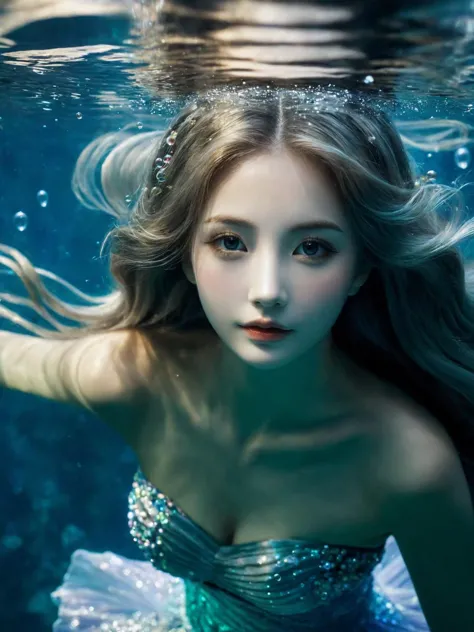 happy, The scene of a beautiful mermaid swimming in the deep sea, long flowing silver hair, perky breasts, gorgeous fishtail ski...