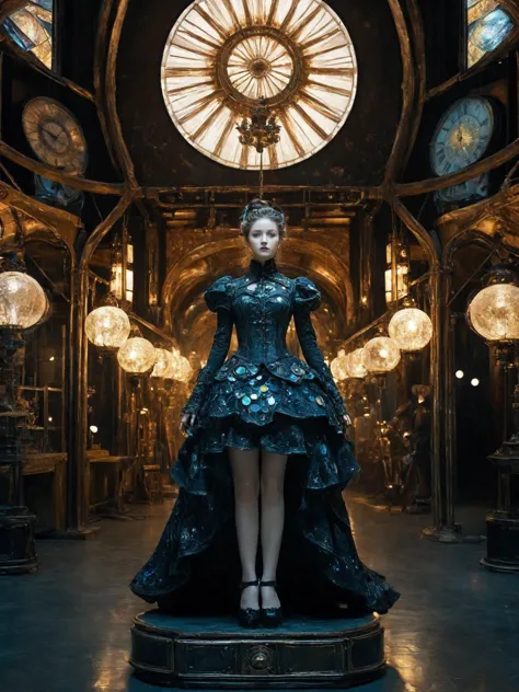 a woman in a black dress standing in a room with a clock