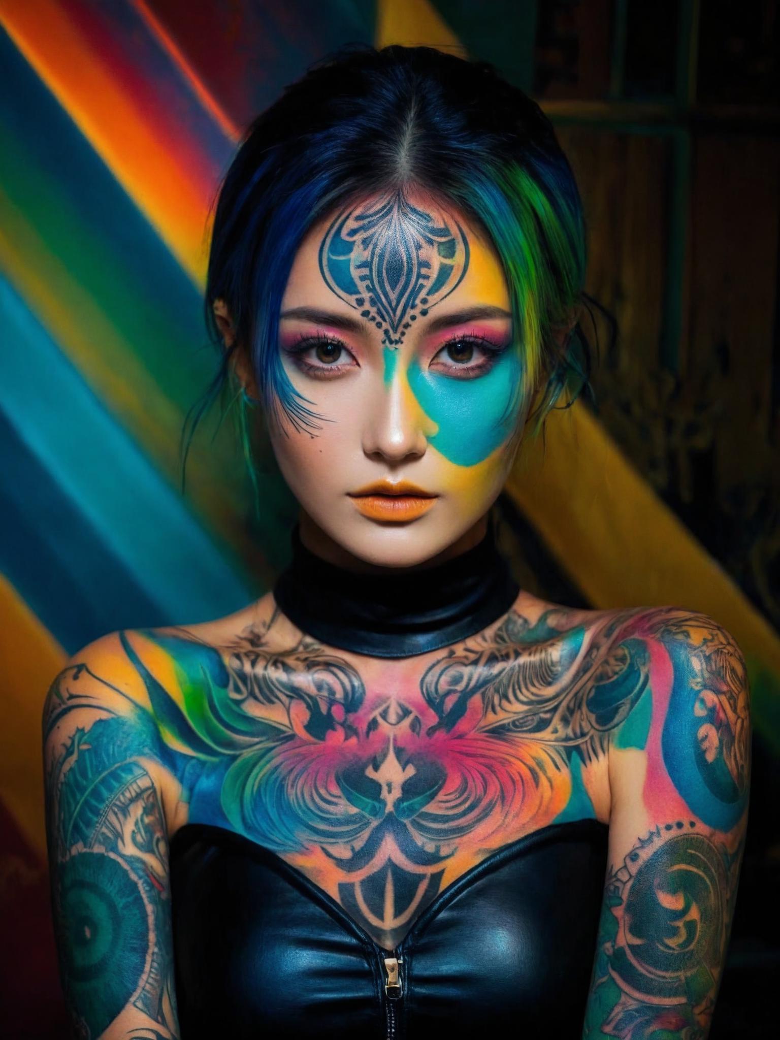 A woman with colorful face paint and tattoos on her body - SeaArt AI