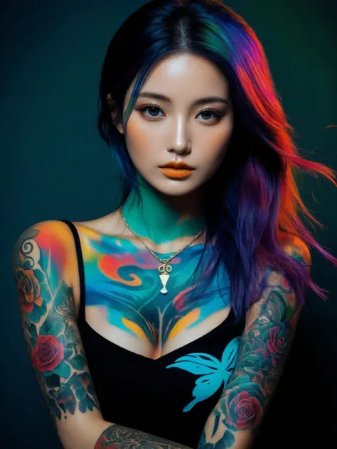 (otherworldly beauty), expressionist sexy girl in her 20s, perky breasts, (upper thighs shot:1.3), sexy pose, colorful tattoo, r...