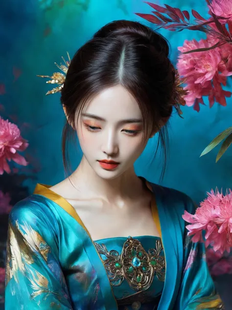 <(Digital watercolor Illustration of a (oriental beauty), by JB, Waterhouse, Carne Griffiths, Minjae Lee, Ana Paula Hoppe, Stylized watercolor art, Intricate, Complex contrast, HDR, Sharp, soft Cinematic Volumetric lighting, flowery pastel colours, wide long shot, perfect masterpiece:):1.0, (upper thighs shot:1.3),
<(detailed matte painting, deep color, fantastical, intricate detail, splash screen, complementary colors, fantasy concept art, 8k resolution trending on Artstation Unreal Engine 5):0.9,