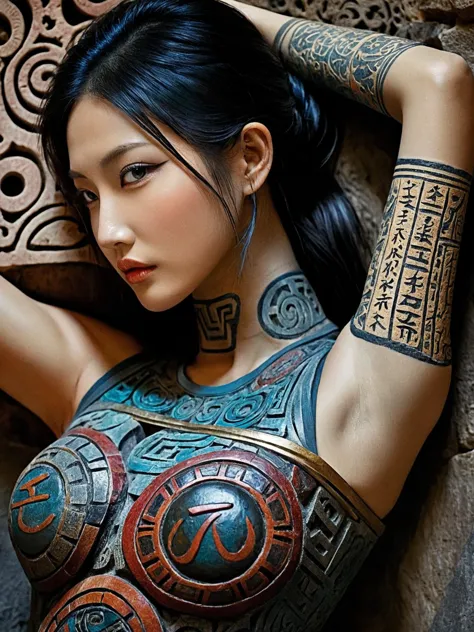 highly detailed close-up of an ancient colorful oriental beauty stone carving, supermodel body, ancient text tattoos, orientalism, (upper thighs shot:1.3), ornate glyphs intricately carved, glowing with luminescence, juxtaposed against rough carved stone background, cracked,