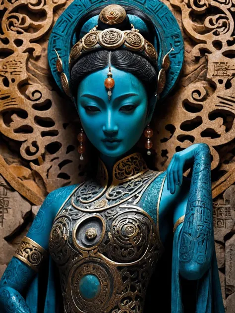 a close up of a statue of a woman with a blue body