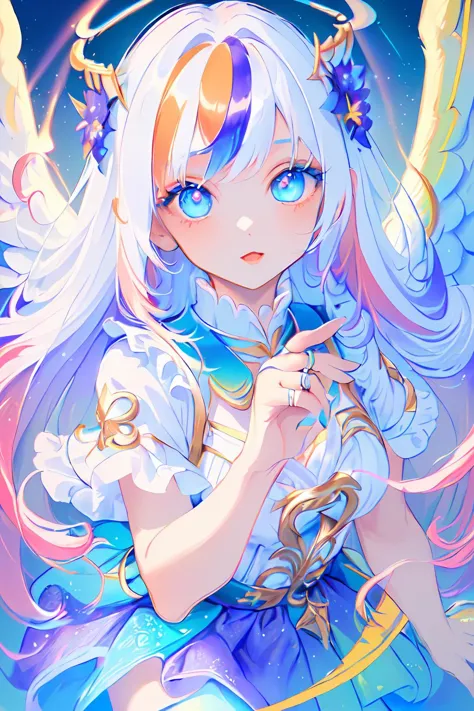 (masterpiece:1.4), (best quality:1.4), (very cute angel girl, ultra-detailed face, jewel-like eye, white very long hair:1.4),  (colorful gradation hair:2.0), (ring of angels:1.4),  (dynamic pose:1.4), (dynamic angle:1.4),
(detailed background:1.4), ultra-detailed background, (purple Light Effects:1.4), (floating light blue cloud:1.4), (floating blue flower:1.4),
(perfect anatomy, perfect hand:1.4), (perfect five fingers:1.4), (perfect four long fingers and perfect short thumb:1.4), (thumb shorter than other four fingers:1.4), (perfect two arms:1.4), (perfect two legs:1.4),