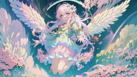 (masterpiece:1.4), (best quality:1.4), (very cute angel girl, ultra-detailed face, jewel-like eye, white very long hair, (((colorful gradation hair))):1.4), (ring of angels:1.4), (angel wings:1.4), (full-body, perfect two arms, perfect two legs:1.4)
BREAK,
(detailed background:1.4), ultra-detailed background, (red Light Effects, floating red cloud, floating green flower:1.4),
BREAK,
(perfect anatomy:1.4), (perfect hand:1.4), (perfect four long fingers and perfect short thumb:1.4), (thumb shorter than other four fingers:1.4),