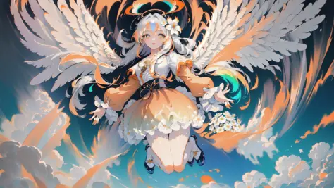 (masterpiece:1.4), (best quality:1.4), (very cute angel girl, ultra-detailed face, jewel-like eye, white very long hair, (colorful gradation hair:1.4):1.4), (ring of angels:1.4), (angel wings:1.4), (full-body, (dynamic pose:1.4), perfect two arms, perfect two legs:1.4)
BREAK,
(detailed background:1.4), ultra-detailed background, (orange Light Effects, floating gray cloud, floating white flower:1.4),
BREAK,
(perfect anatomy:1.4), (perfect hand:1.4), (perfect four long fingers and perfect short thumb:1.4), (thumb shorter than other four fingers:1.4),