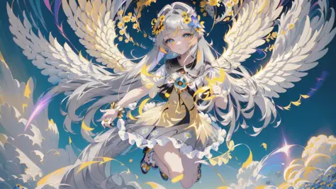 (masterpiece:1.4), (best quality:1.4), (very cute angel girl, ultra-detailed face, jewel-like eye, white very long hair, (((colorful gradation hair))):1.4), (ring of angels:1.4), (angel wings:1.4), (full-body, perfect two arms, perfect two legs:1.4)
BREAK,
(detailed background:1.4), ultra-detailed background, (yellow Light Effects, floating blue cloud, floating gray flower:1.4),
BREAK,
(perfect anatomy:1.4), (perfect hand:1.4), (perfect four long fingers and perfect short thumb:1.4), (thumb shorter than other four fingers:1.4),