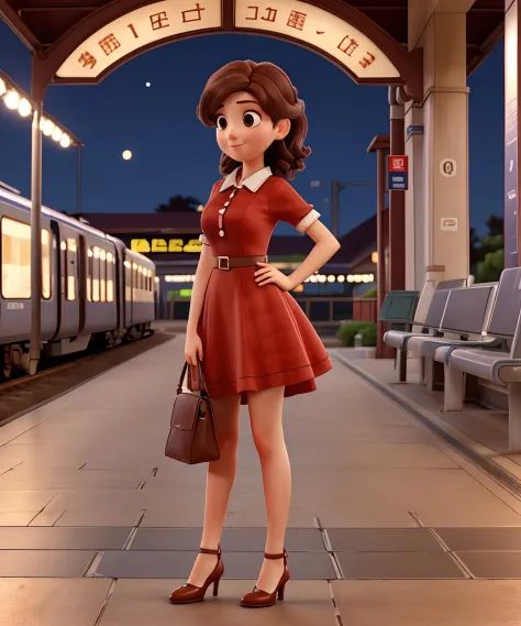 (((best quality))), pretty 1girl, brown hair, red dress, sat train station platform, at night, hanging light