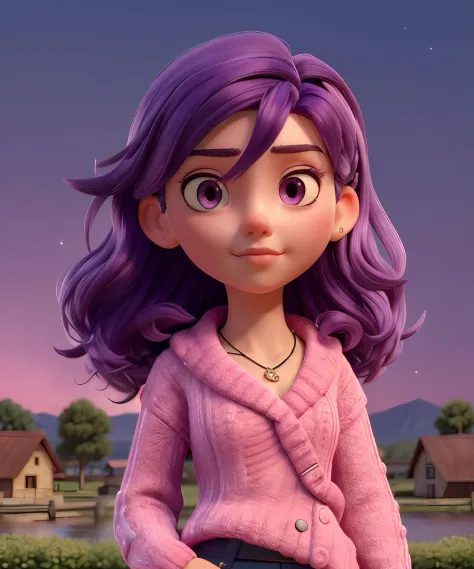 (masterpiece, top quality, best quality, official art, beautiful and aesthetic:1.2), 1girl, beautiful, high detailed, purple hair with a hint of pink, pink eyes, dark lighting, serious face, looking the sky, sky, medium shot, black sweater, jewelry