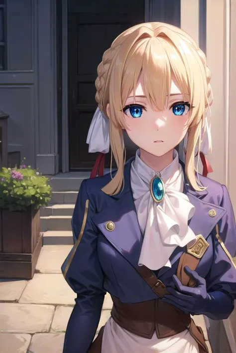 violetevergarden, <lora:violetevergarden-lora-nochekaiser:1>,
violet evergarden, blonde hair, blue eyes, hair ribbon, ribbon, short hair, braids, hair braids, red ribbon,
BREAK blue jacket, brown gloves, cropped jacket, dress, gloves, green brooch, jacket, juliet sleeves, long sleeves, puffy sleeves, white dress,
BREAK outdoors, city,
BREAK looking at viewer, (cowboy shot:1.5),
BREAK <lyco:GoodHands-beta2:1>, (masterpiece:1.2), best quality, high resolution, unity 8k wallpaper, (illustration:0.8), (beautiful detailed eyes:1.6), extremely detailed face, perfect lighting, extremely detailed CG, (perfect hands, perfect anatomy),